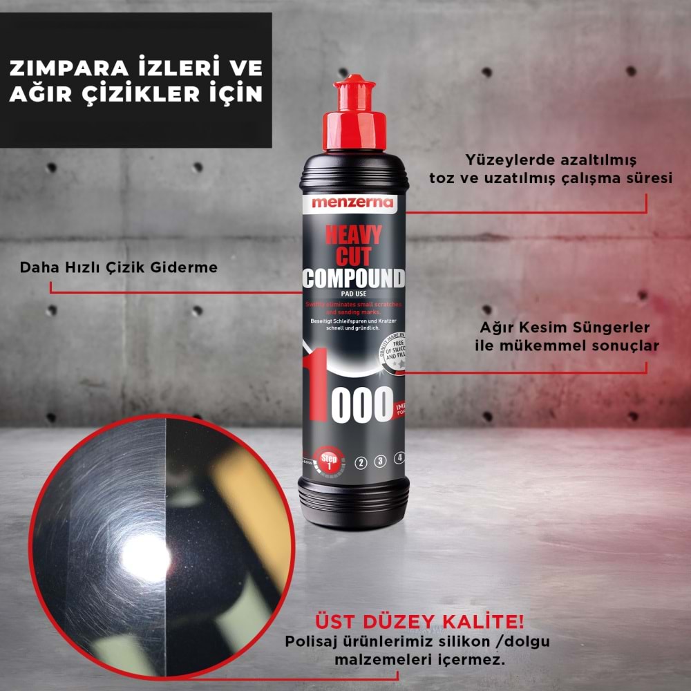 MENZERNA YENİ 1000 Kalın Pasta - 250 Ml | Ağır Çizik Zımpara İzi Giderici & Hızlı Kesim