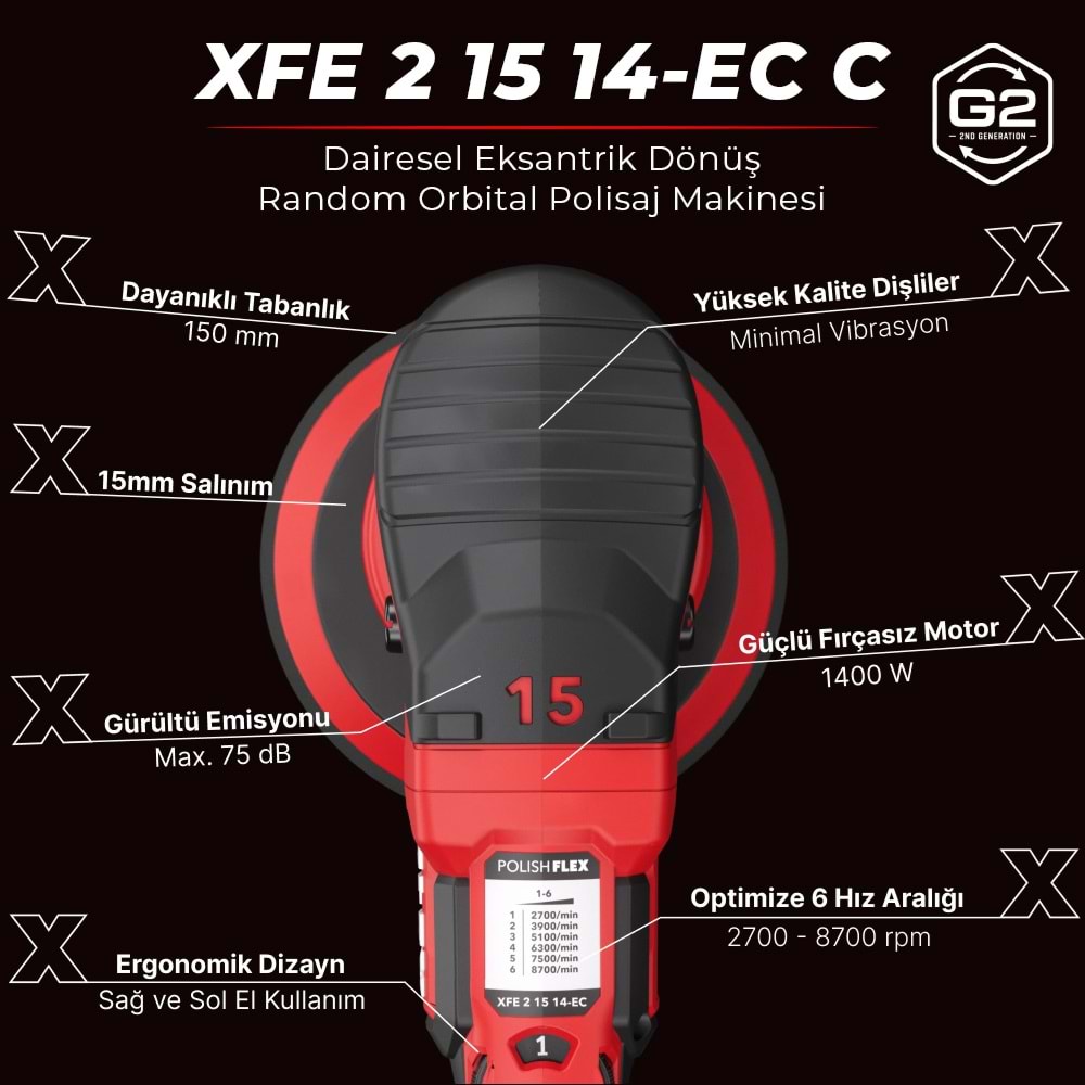 FLEX XFE 2 15 14-EC Random Orbital Polisaj Makinesi 1400W (2. Nesil) | Fırçasız Kömürsüz Motor