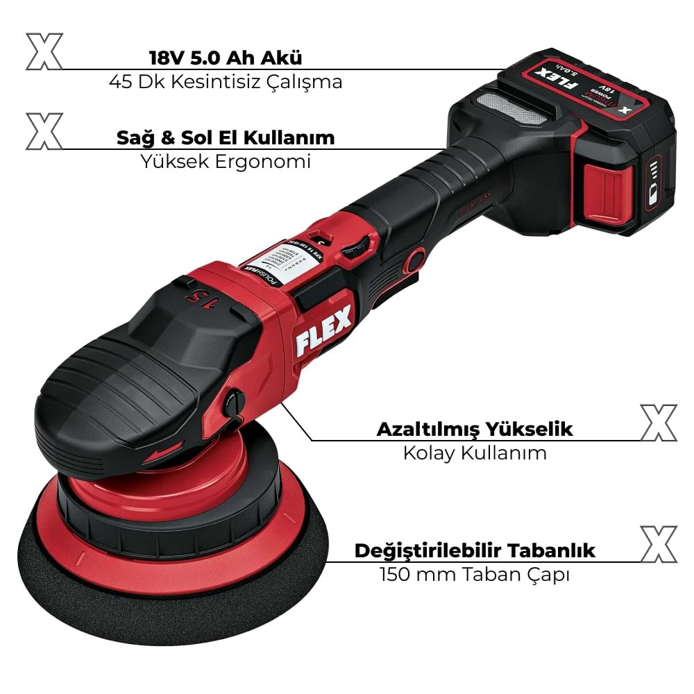 FLEX XFE 2 15 18-EC Çift Akülü Random Orbital Polisaj Makinesi Seti 18V (2. Nesil) | Fırçasız Motor