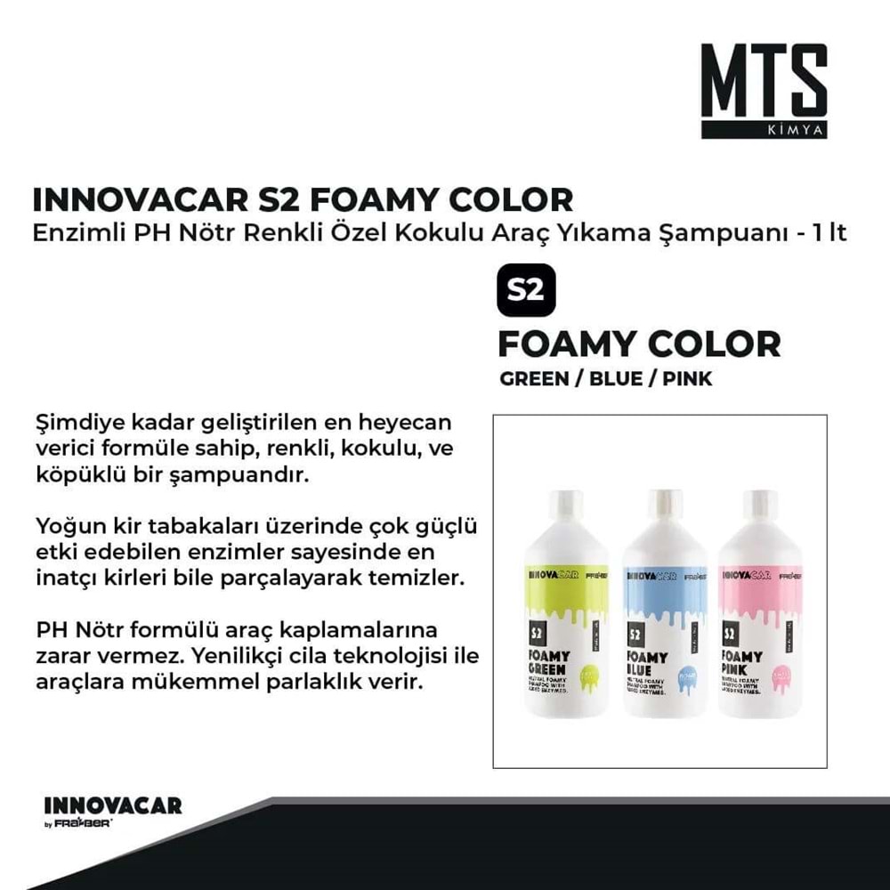 INNOVACAR S2 FOAMY Enzimli PH Nötr Mavi Renkli Özel Kokulu Araç Yıkama Şampuanı - 1 lt