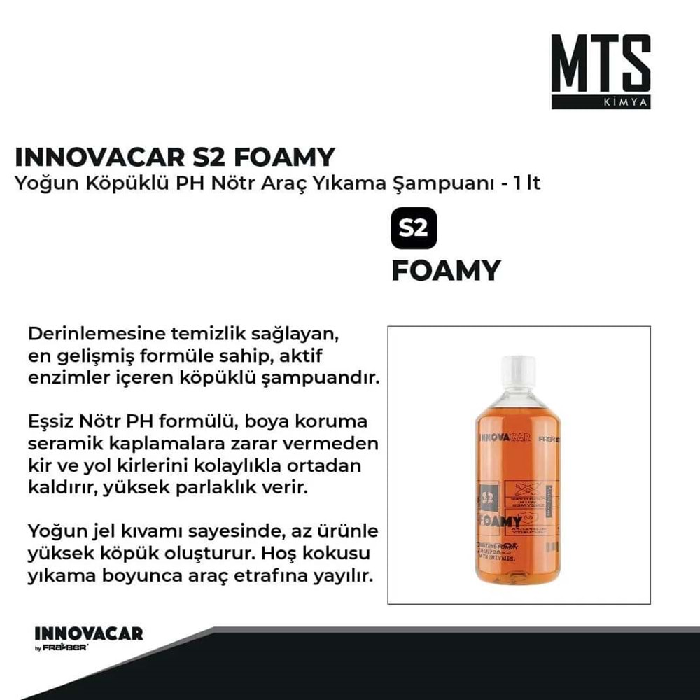 INNOVACAR S2 FOAMY Enzimli PH Nötr Köpüklü Araç Yıkama Şampuanı Konsantre - 1 lt