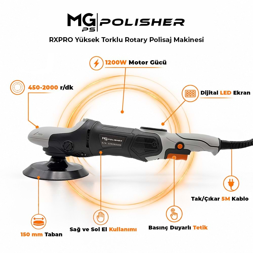 MG PS RPV002 Yüksek Torklu Rotary Polisaj Makinesi 1200W | Dijital LED Ekran Profesyonel Pasta Cila