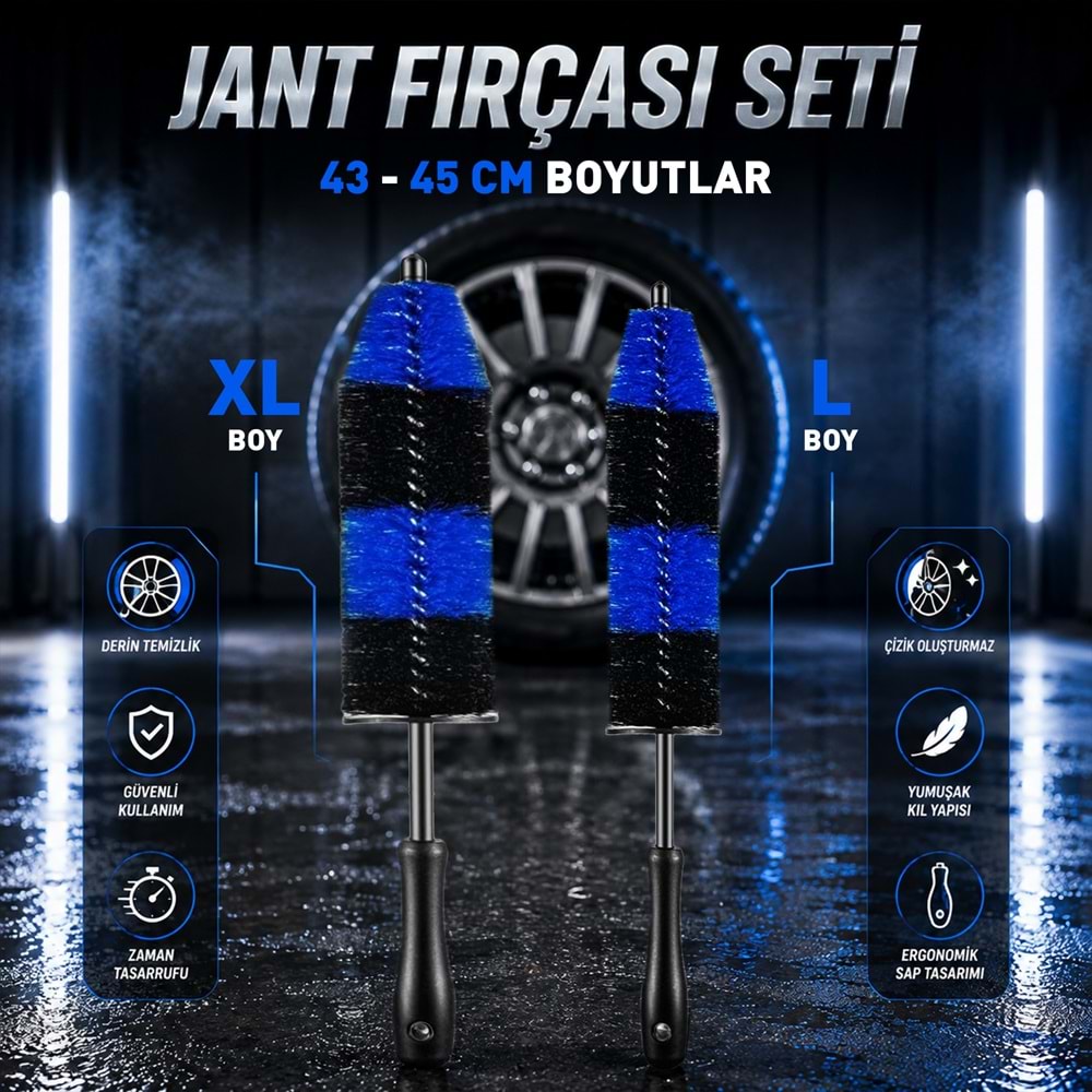 SGCB Araç Jant Temizlik Fırçası Seti 2li Paket | L+XL Boy | Çizmez Esnek Oto Temizleme Detay Fırça