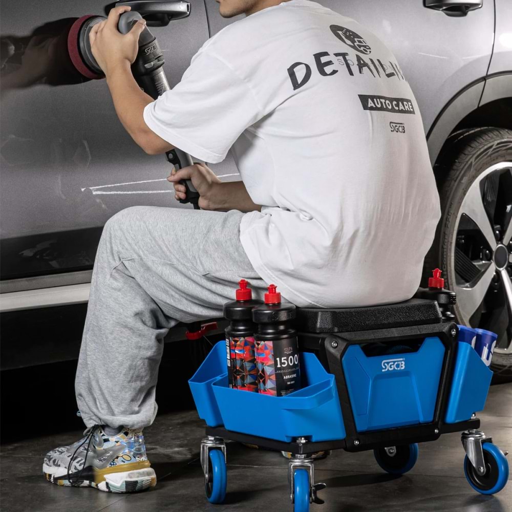 SGCB Mekanik Detay Taburesi - 150 Kg Kapasite | Hareketli Tekerlekli Çekmeceli Detailing Koltuk