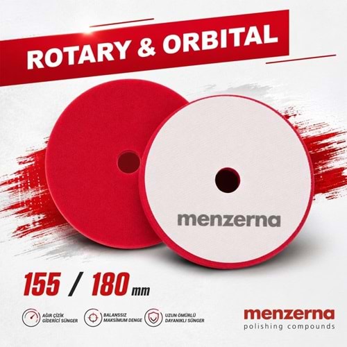 MENZERNA Kalın Pasta Süngeri 155/180mm - Kırmızı | Rotary ve Orbital Uyumlu Çizik Giderici Ped