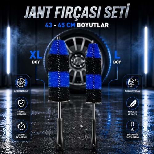 SGCB Araç Jant Temizlik Fırçası Seti 2li Paket | L+XL Boy | Çizmez Esnek Oto Temizleme Detay Fırça