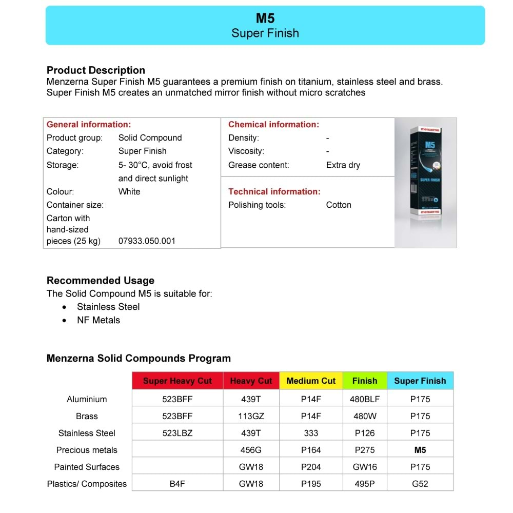 Menzerna M5 Süper Parlatıcı Katı Cila Beyaz Değerli Metaller Paslanmaz Çelik Boyalı Yüzey Parlatıcı – 1300 Gr