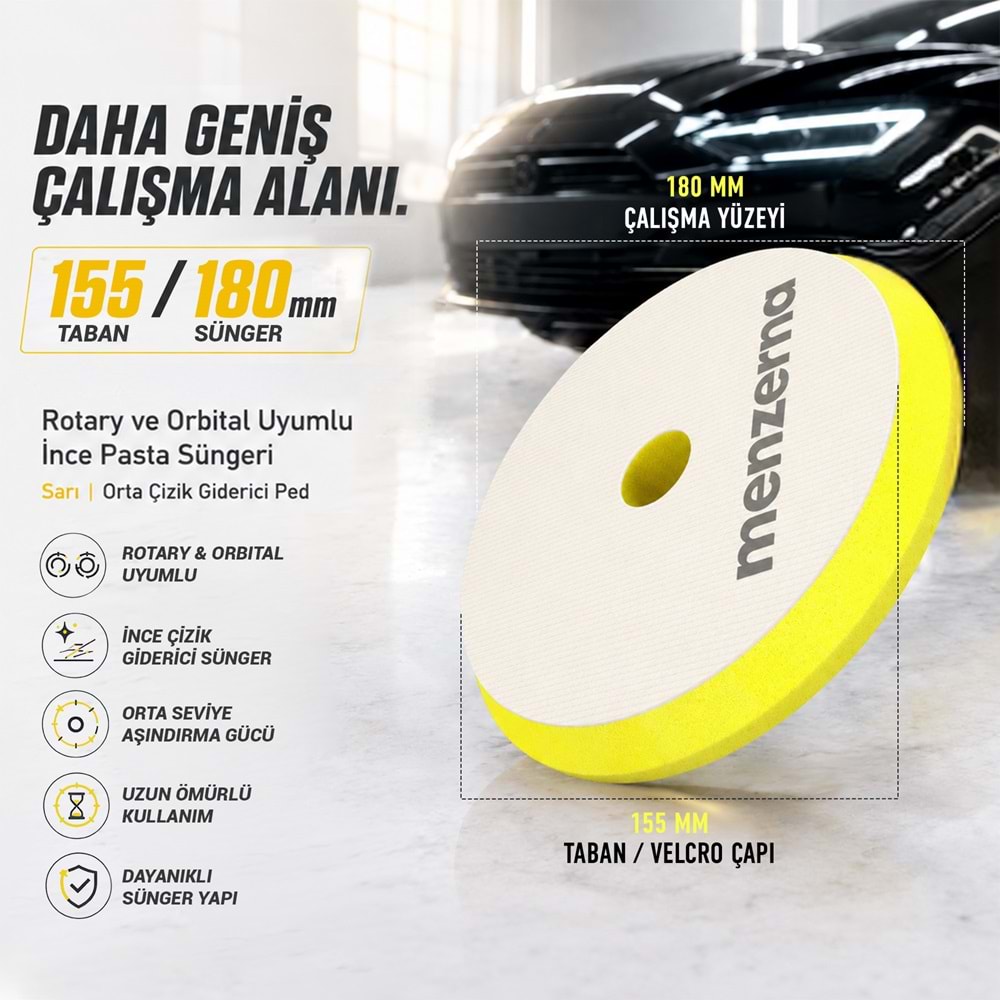 MENZERNA İnce Pasta Süngeri 155/180mm - Sarı | Rotary ve Orbital Uyumlu Orta Çizik Giderici Ped