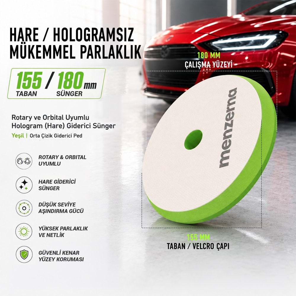 MENZERNA Hare Giderici Cila Süngeri 155/180mm - Yeşil | Rotary Orbital Uyumlu Hologram Giderici Ped