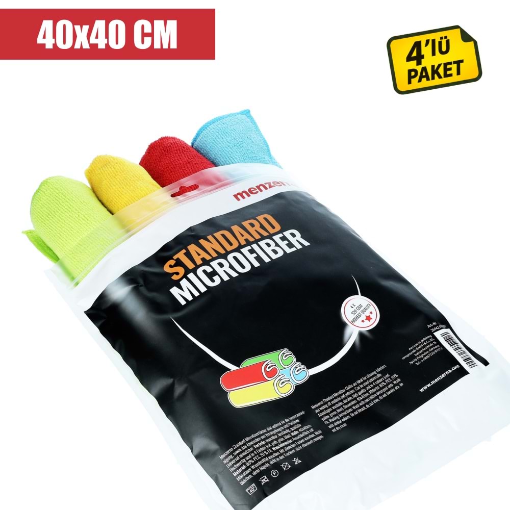 MENZERNA Mikrofiber Bez Seti 320 GSM 4'lü Paket - 40x40cm | Renkli Detailing Pasta Cila Bezleri