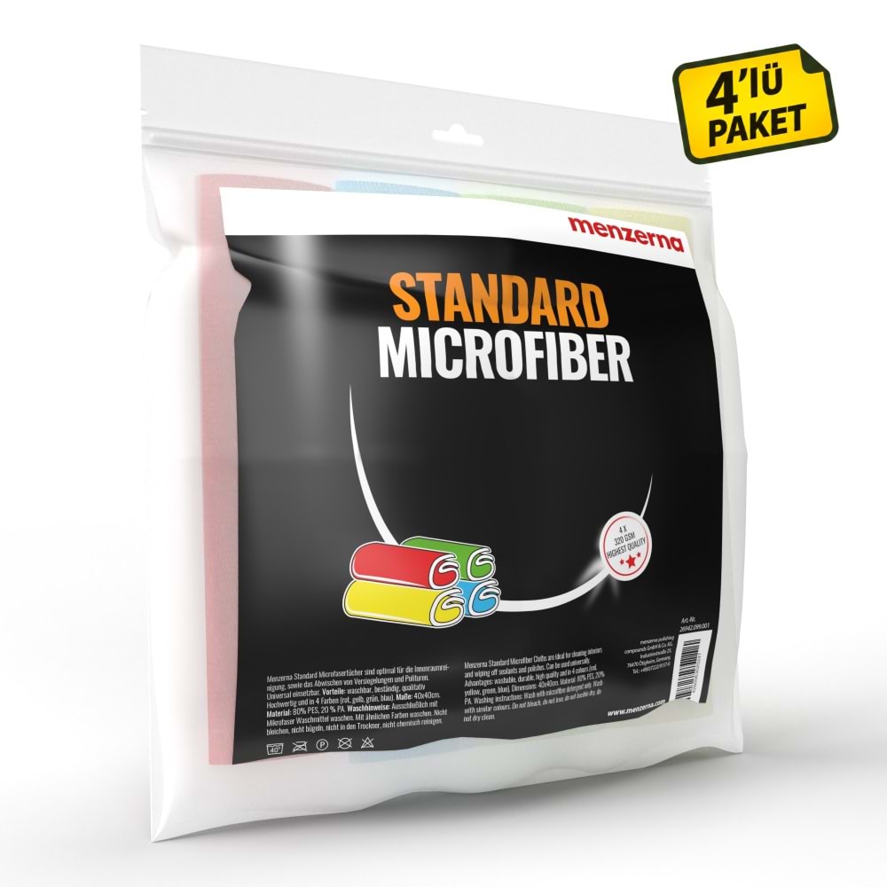 MENZERNA Mikrofiber Bez Seti 320 GSM 4'lü Paket - 40x40cm | Renkli Detailing Pasta Cila Bezleri