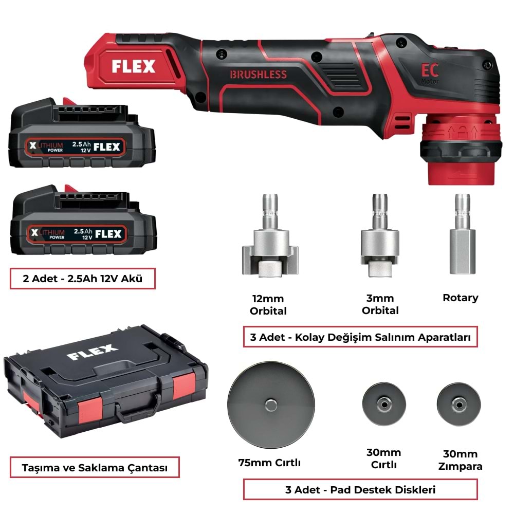 FLEX PXE 80 12V-EC Set Rotary/Orbital Akülü Nano Polisaj Makinesi Seti | Mini Şarjlı Pasta Cila