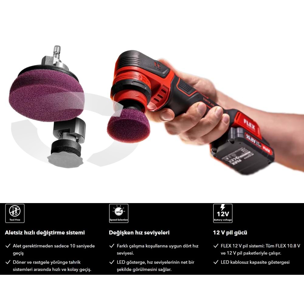 FLEX PXE 80 12V-EC Set Rotary/Orbital Akülü Nano Polisaj Makinesi Seti | Mini Şarjlı Pasta Cila