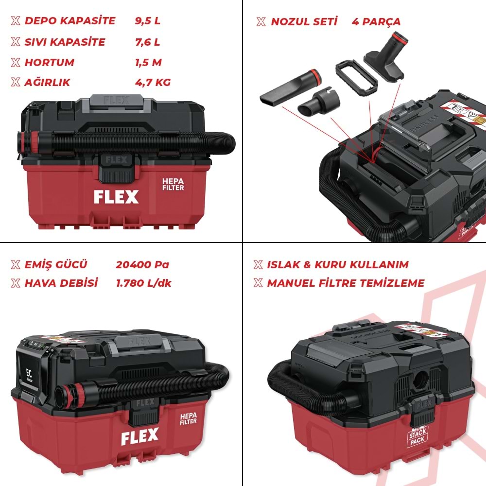 FLEX VC 9 L MC 18V Akülü Islak Kuru Süpürge 9 Litre | Profesyonel Şarjlı Mobil Vakum Makinesi
