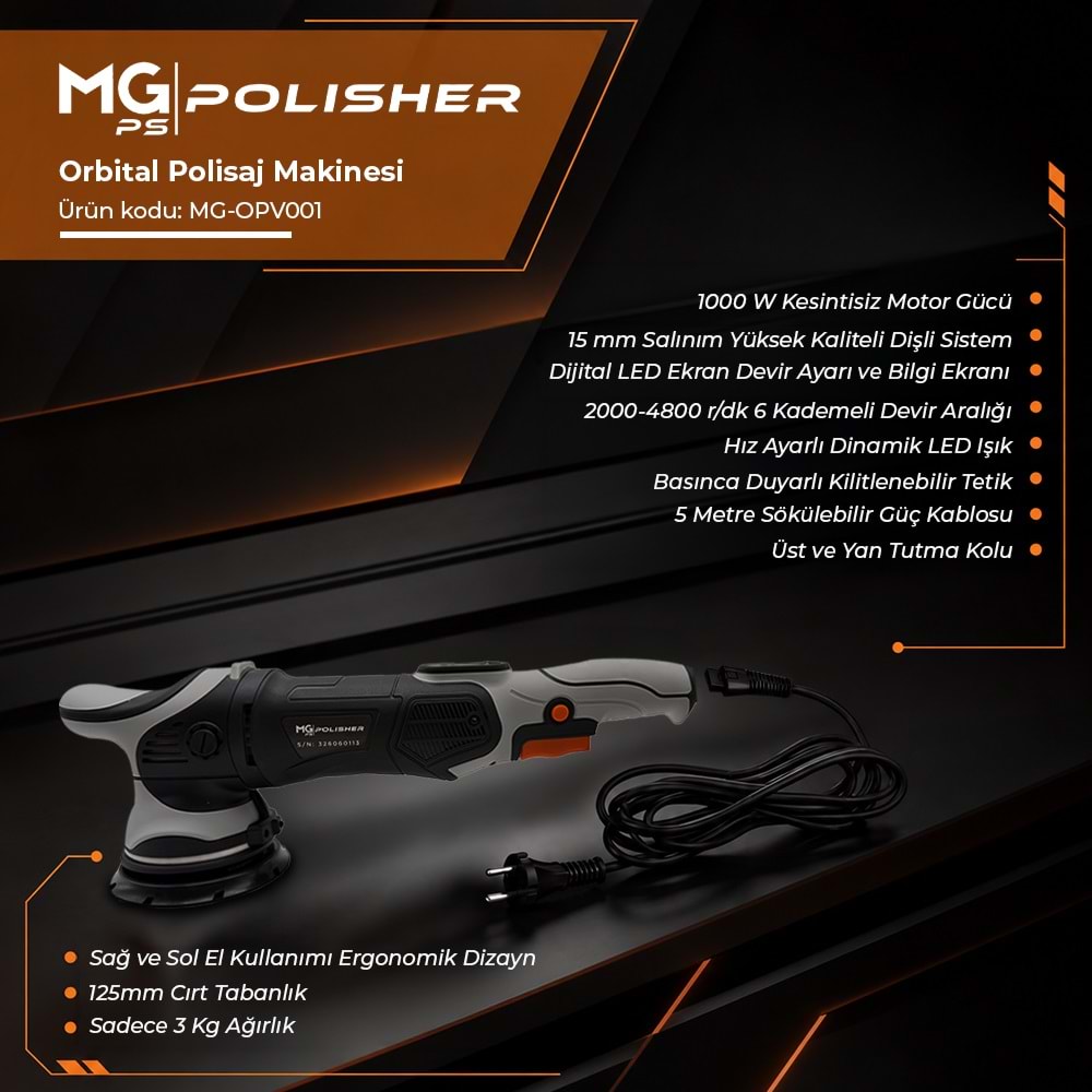 MG PS OPV001 Orbital Polisaj Makinesi 125mm 1000W | 15mm Eksantrik Salınım & Dijital LED Ekran