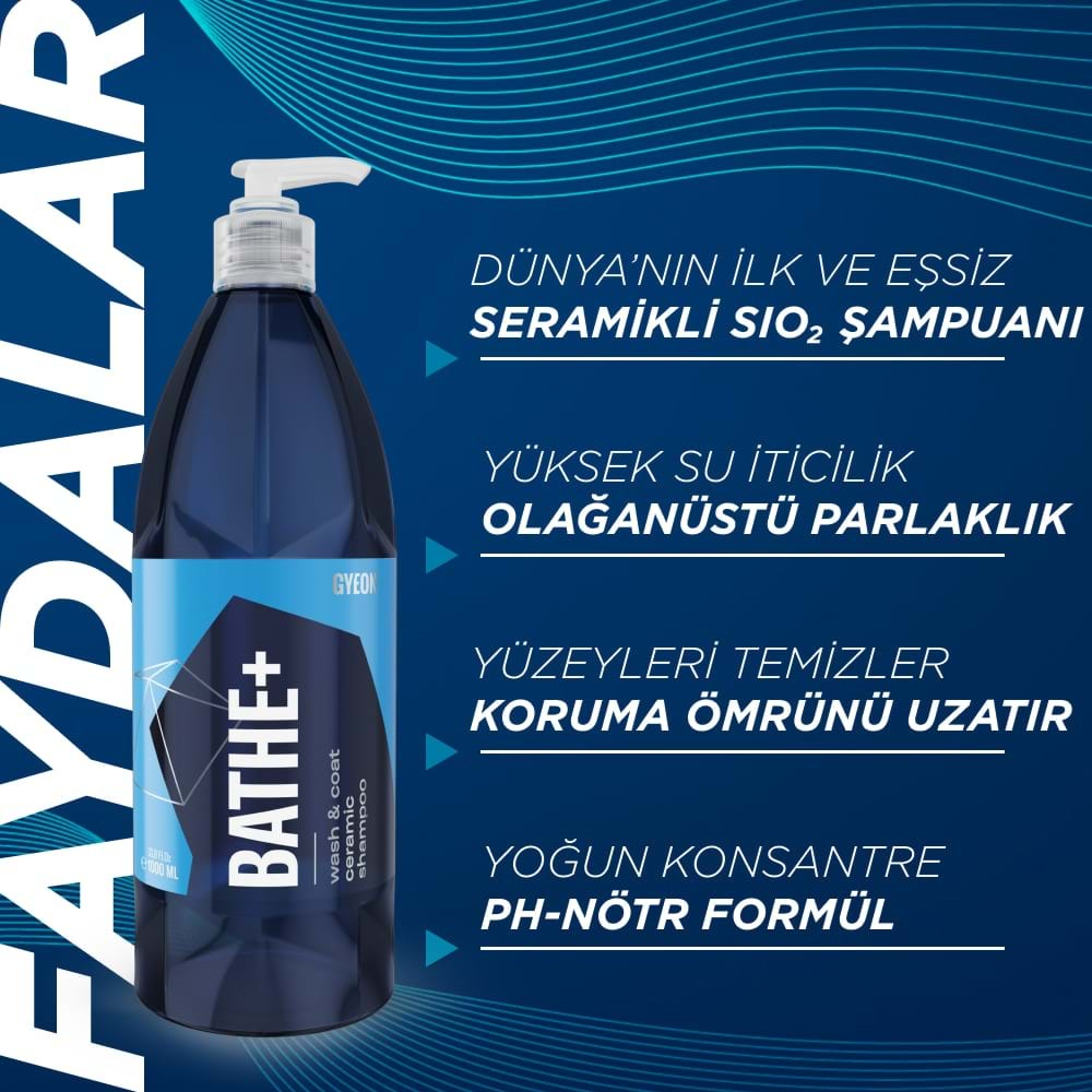 GYEON Q²M Bathe+ Plus Seramik Bazlı PH Nötr Cilalı Oto Şampuanı 1000 ml -Su İtici Araç Yıkama Köpüğü