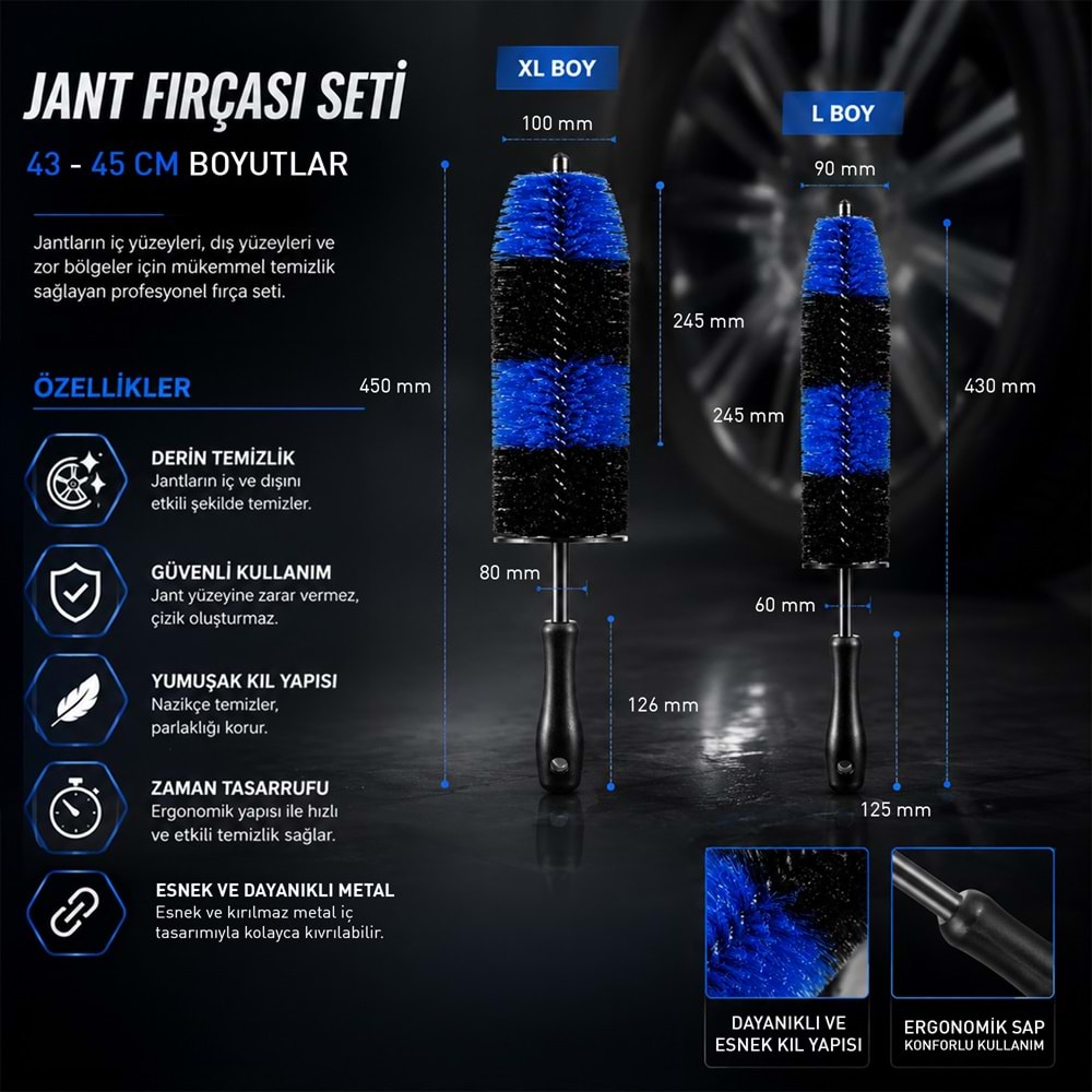 SGCB Araç Jant Temizlik Fırçası Seti 2li Paket | L+XL Boy | Çizmez Esnek Oto Temizleme Detay Fırça