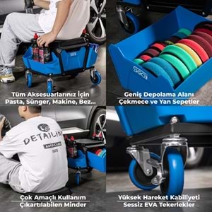 SGCB Mekanik Detay Taburesi - 150 Kg Kapasite | Hareketli Tekerlekli Çekmeceli Detailing Koltuk
